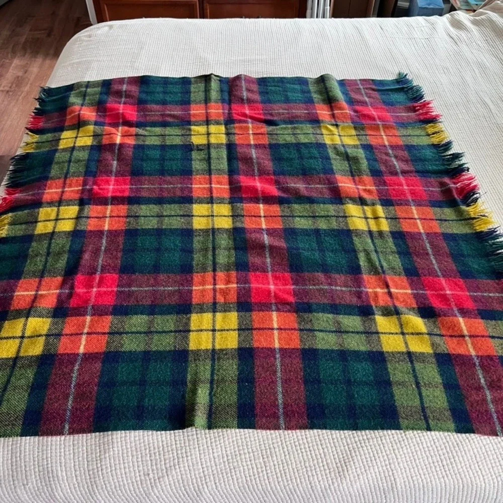 Vintage Tartan Plaid Wool‎ Blanket Throw Fringe Red Green Yellow Blue Cozy 47x50